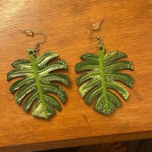 Handmade Leather monstera leaf earrings